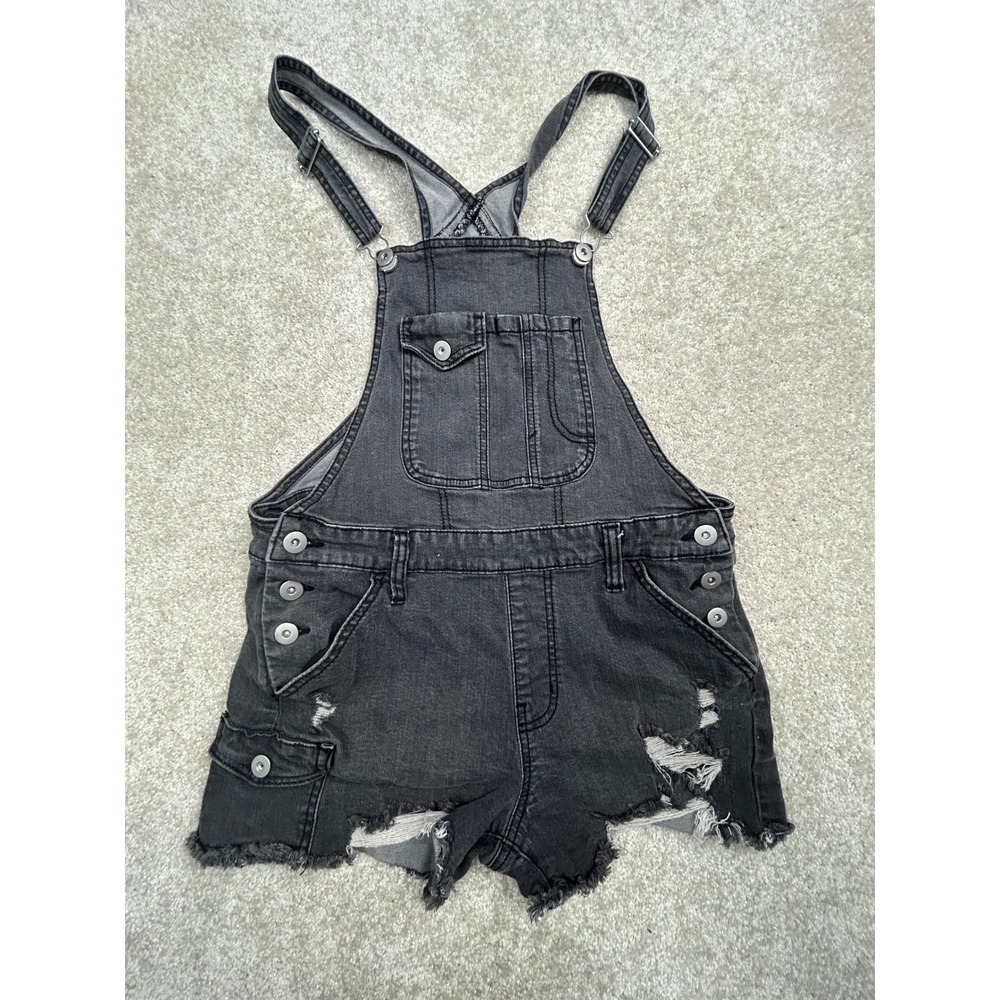 No Boundaries Distressed Denim Shortalls M Black Frayed Hem Grunge Festival Y2K